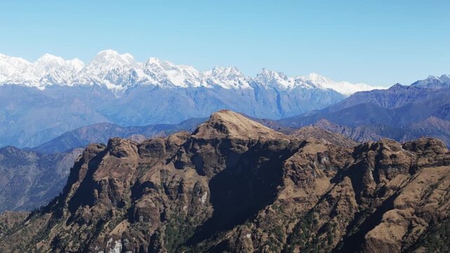 Aerial view from Kalinchowk in Nepal shows Himalayan peaks including Annapurna Manaslu Ganesh Himal Langtang Dorjee Lakpa Gauri Shanker and other mountains