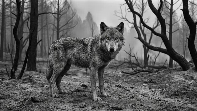 Lone wolf standing in a burnt forest after a wildfire. 4K Video