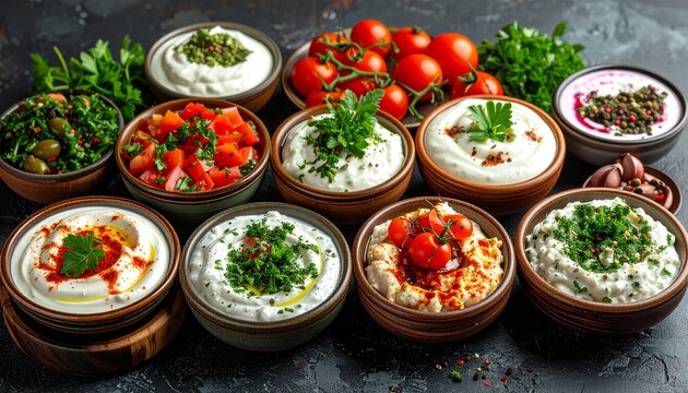 Delicious Turkish Ramadan food variety with healthy yogurt appetizers fresh tomato salads and Mediterranean vegetable sides