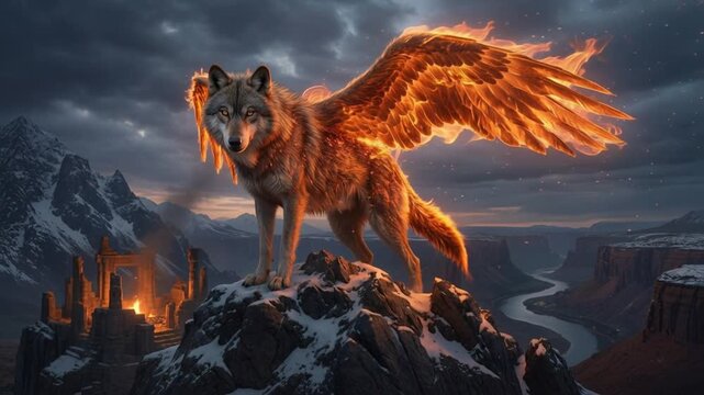 Epic Fire Winged Wolf on Snowy Mountain Peak