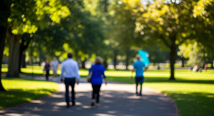 Obraz premium Out of focus view of people strolling through a lush green city park on a bright summer day with a beautiful bokeh background