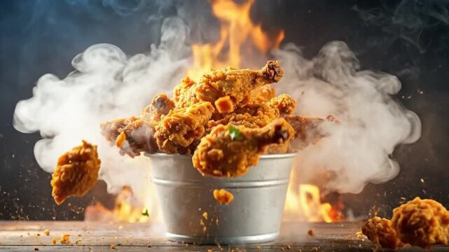 Delicious crispy fried chicken pieces served in a l bucket with fire background.