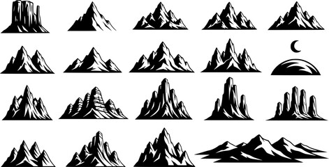 Fototapeta premium Mountain silhouette. Black outline minimal mountains shape for banner border and scenic backdrop. Isolated vector set, transparent background EPS version.