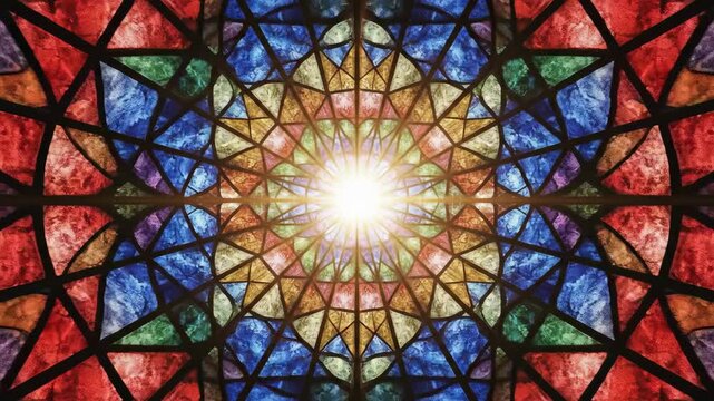 Seamless loop of animated vibrant geometric abstract patterns radiating outwards, stylized like sunlight bursting through cathedral stained glass spiritual, church, texture