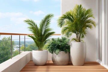 Obraz premium Green palm plants decorating a modern balcony terrace