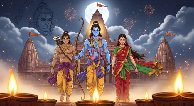 Ram Navami divine illustration showing Lord Rama with Sita and Lakshman near sacred temple under moonlight expressing Hindu festival faith devotion culture and tradition