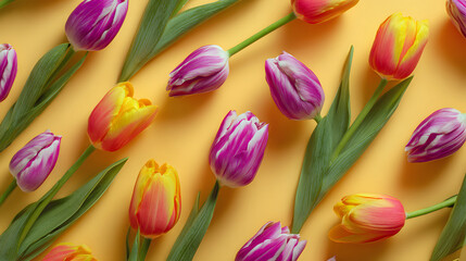 Obraz premium Vibrant Tulips Flat Lay on Yellow Background