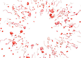 3d realistic render of bursting red hearts and streamers with glossy surfaces, dynamic flying particles arranged as a round border for festive events.