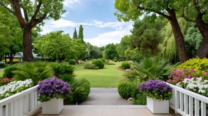 Fototapeta premium Beautiful garden showcasing lush green grass and trees