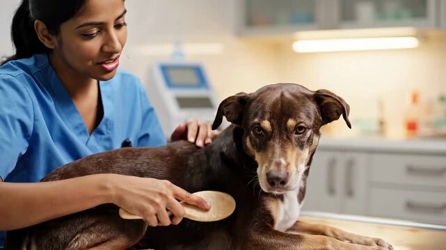 Compassionate veterinary assistant brushing a dog's teeth during a clinic checkup.