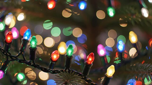 Festive Lights: A close-up shot of colorful string lights on a Christmas tree creates a warm and inviting atmosphere. 