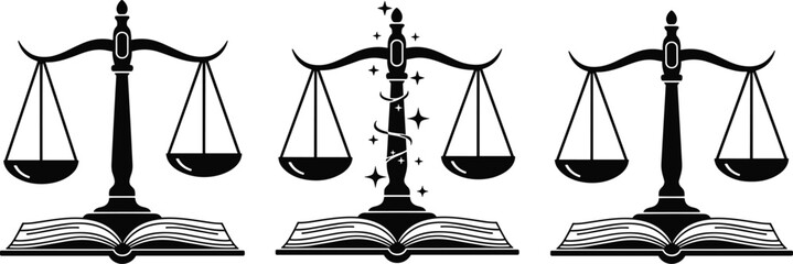 Set of three black silhouette law scales of justice icons standing on open books with magic sparkles for legal education, judicial system, and courtroom legislation. © Ajmira