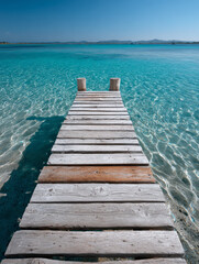 Fototapeta premium Scenic wooden pier extending into clear turquoise ocean on sunny day