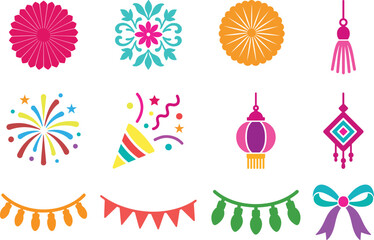 Colorful festival decoration icons set with lanterns fireworks garlands and party elements