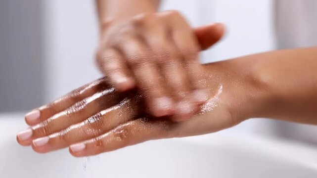 Close-up of hands washing with soap and lather during everyday hygiene routine.