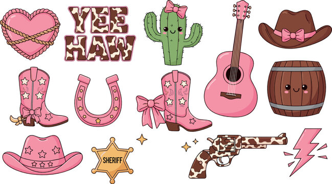 Cute western cowgirl element set with boots, hat, guitar and sheriff badge, pink cowboy cartoon flat vector illustration for country, rodeo and party design