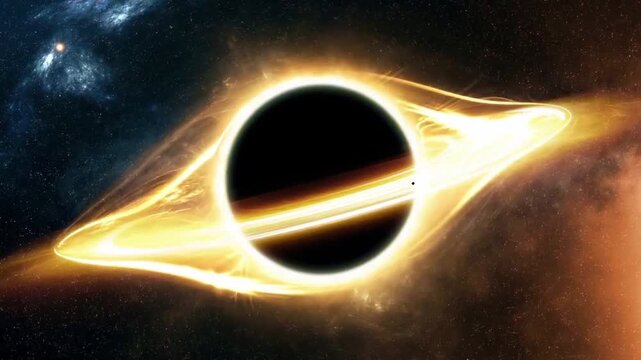 Cinematic cgi animation of a massive black hole with a glowing accretion disk in deep space.