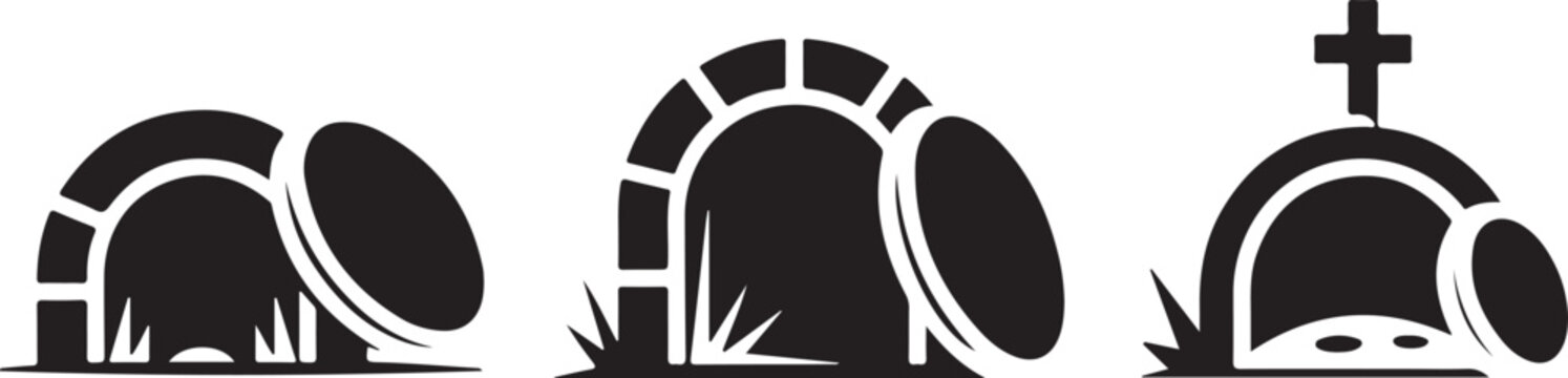Empty tomb of Jesus Christ vector silhouette set. Christian Easter resurrection symbol icons