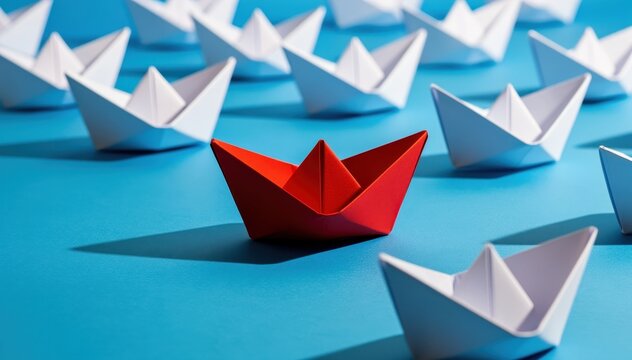 Bold Leadership: A vibrant red origami boat navigates through a sea of identical white paper boats, symbolizing leadership and unique individuality. 