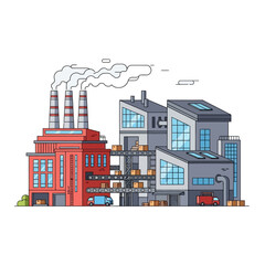 Obraz premium Modern factory complex with smoking chimneys, loading docks, and delivery trucks.