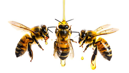 Three honeybees, dripping nectar, arranged in a semicircle against a black backdrop
