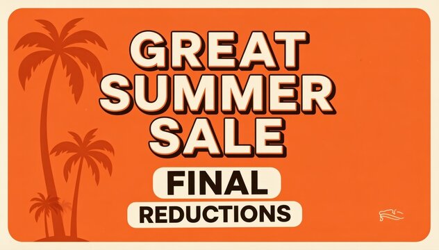 Great Summer Sale: Vibrant promotional graphic announcing a Great Summer Sale with Final Reductions, evoking a sense of excitement and value. Palm trees frame the text.