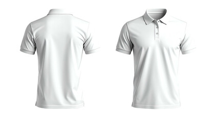 Front & back view rendering of a white polo shirt, isolated on black background