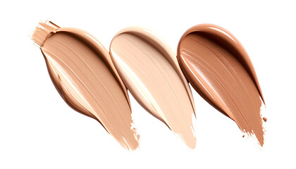 Swatches of light, medium, and dark liquid cosmetic foundation against a black backdrop
