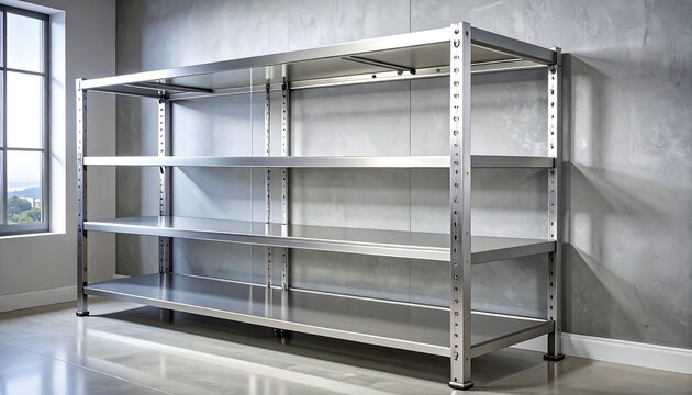 Modern, industrial storage shelves made of silver metal