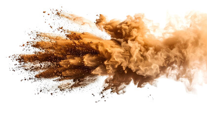 A cloud of fine orange/tan powder explodes across a black background