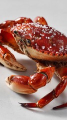 A vibrant crab sits proudly on a smooth white surface, its shell glistening and adorned with sparkling sea salt. The scene captures the essence of ocean-fresh cuisine, inviting appetites