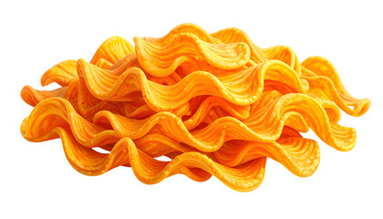 Close-up of golden wavy pasta, with layered curls, against a stark black backdrop
