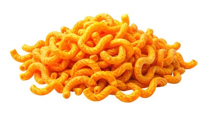 A pile of orange, curly, puffed snacks against a black background