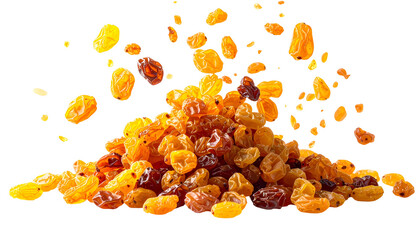 A pile of golden, brown dried fruits, with some falling, isolated on black