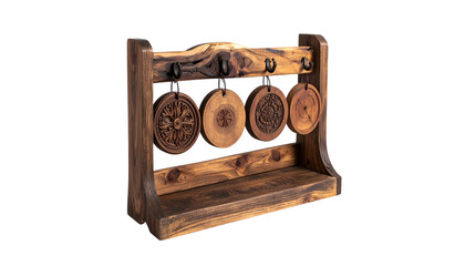 Wooden coaster set with carved designs, held by hooks on a shelf with a dark stain