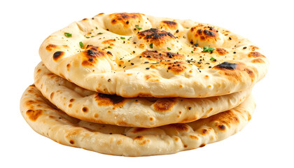 Stack of three round, golden-brown flatbreads with charred spots, topped with herbs
