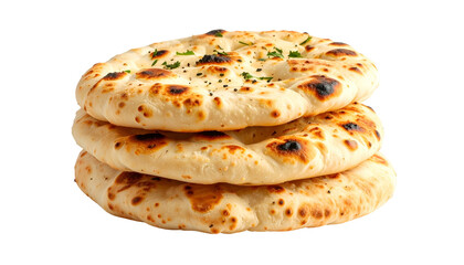 A stack of three fluffy, golden-brown flatbreads, lightly charred and speckled with herbs