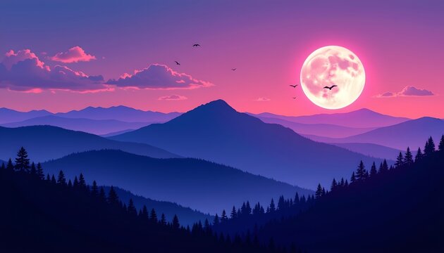 Twilight Mountain Landscape with Moon and Silhouetted Forest