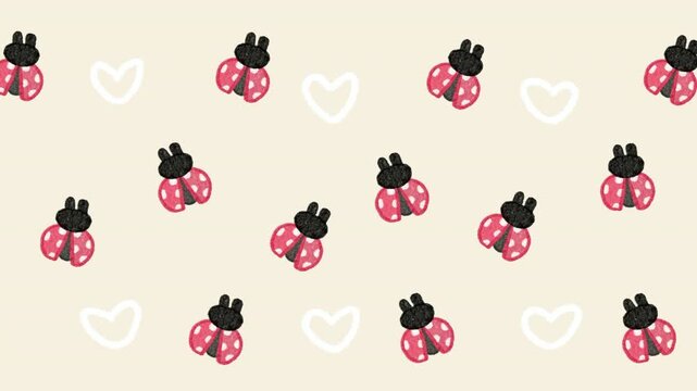 Cute red ladybug and heart seamless loop pattern on beige background