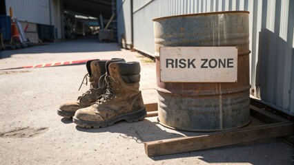 Safety Boots Next to Risk Zone Barrel at Construction Site