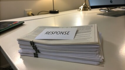 Stacked Papers with Label on Desk for Document Management and Review