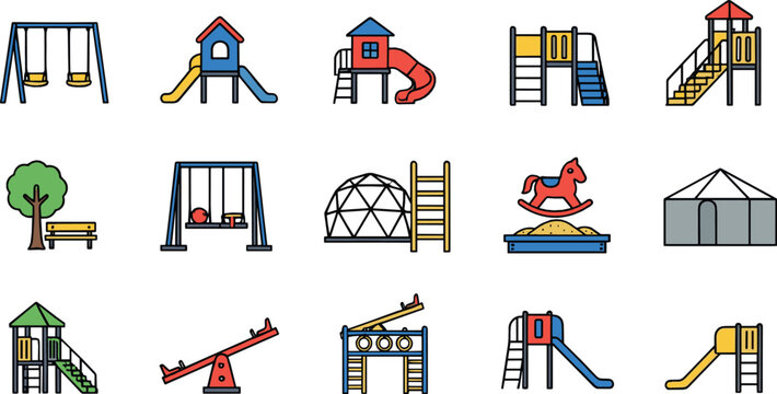 Playground equipment icon set with swings, slides and climbing structures in flat vector style for kids park, outdoor play and education design