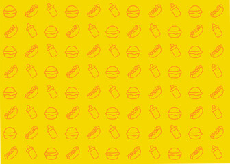 Burger and hotdog illustration pattern with orange outline and yellow background, food packaging, menu illustration