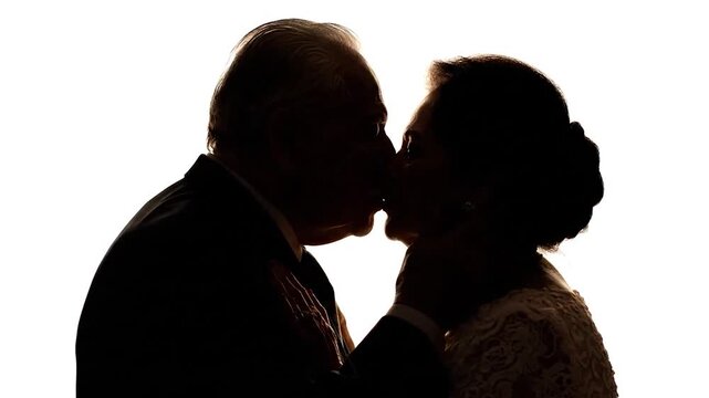 A silhouetted elderly couple embraces, their faces close, in a tender moment