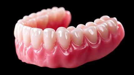Obraz premium This exquisite dental model reveals a front view of perfectly restored teeth and gums, highlighting the beauty of dental artistry and care in a clinical setting under soft lighting