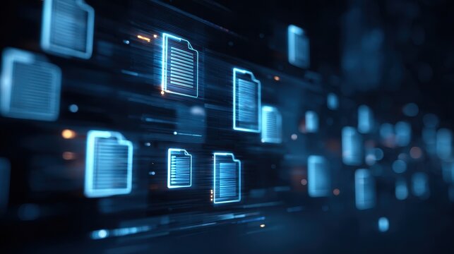Digital documents flowing in a data stream on a dark blue background, futuristic technology concept