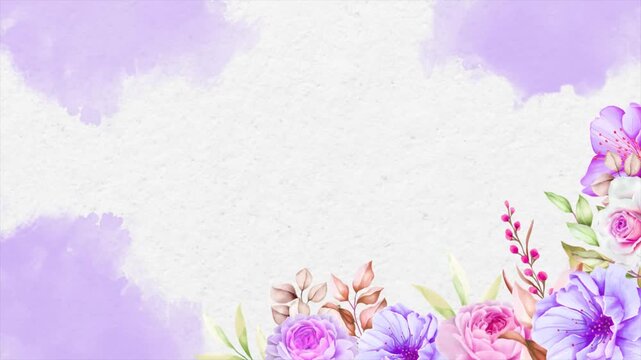 Elegant watercolor floral border design featuring delicate purple and pink blossoms on textured white paper background