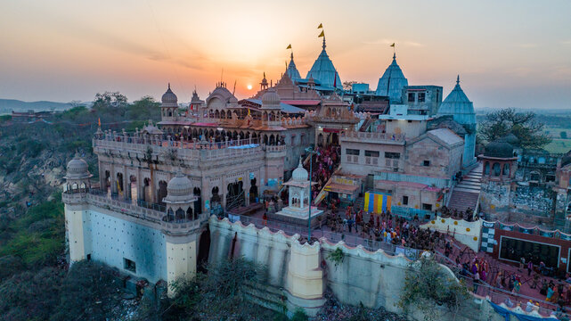 aerial shot of Barsana temple uttar pradesh during holi festival in india