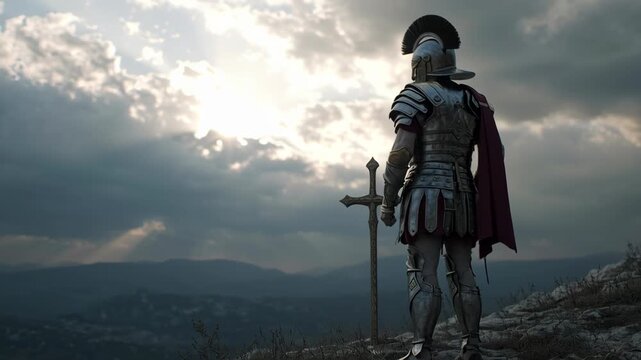 Ancient Roman soldier in detailed armor standing on rocky terrain with sword, overlooking a dramatic sky with sun rays and dark clouds, evoking historical and religious themes