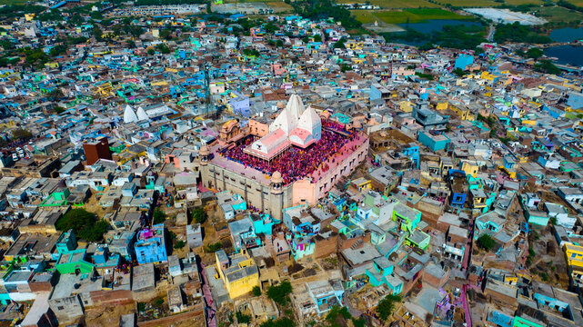 Aerial view of Shri Raas Bihari Temple during the Holy colour festival in Barsana, Uttar Pradesh, India.